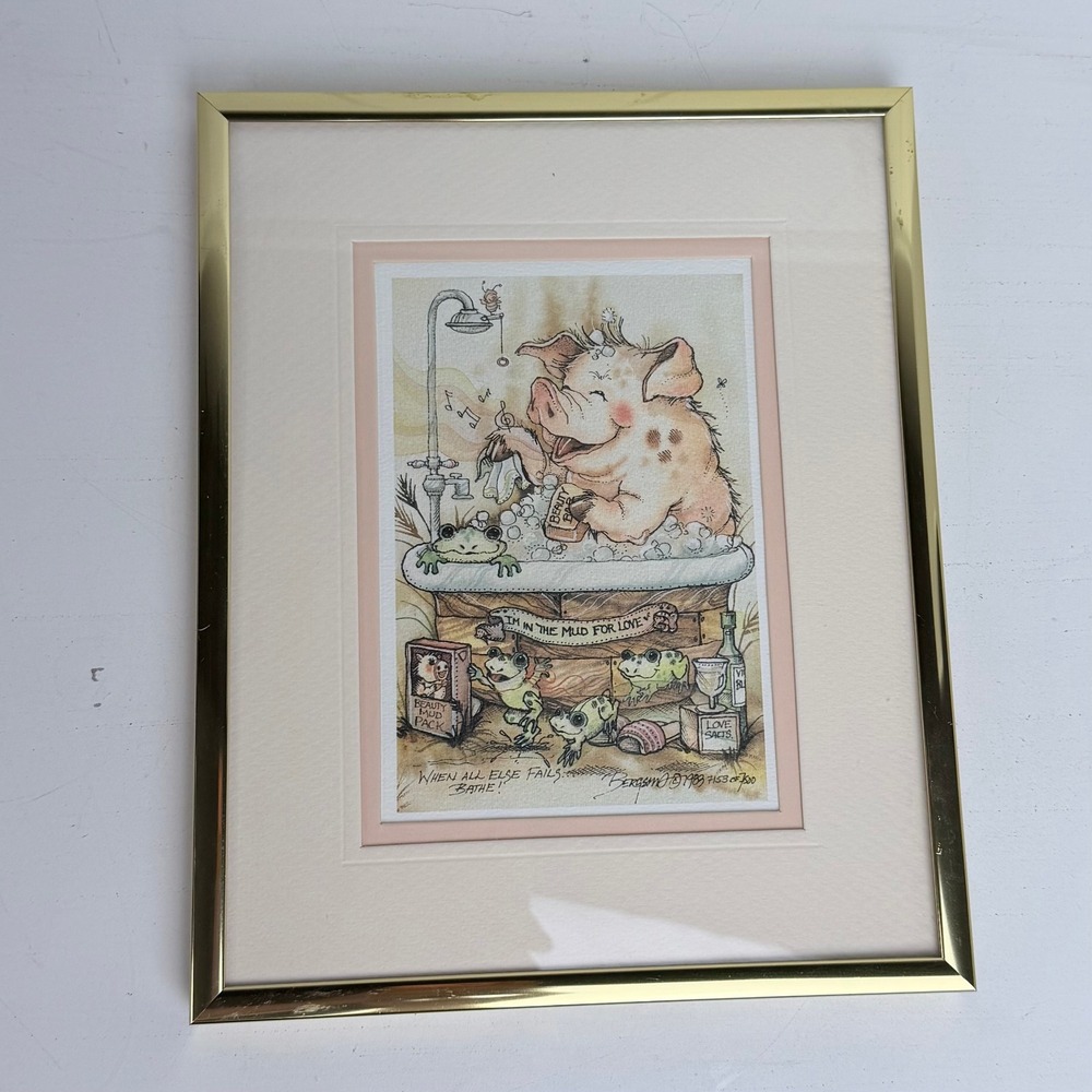Vintage 1983 Bergsma Pig Bath Print, Signed #7153/7500, Framed Farmhouse Art